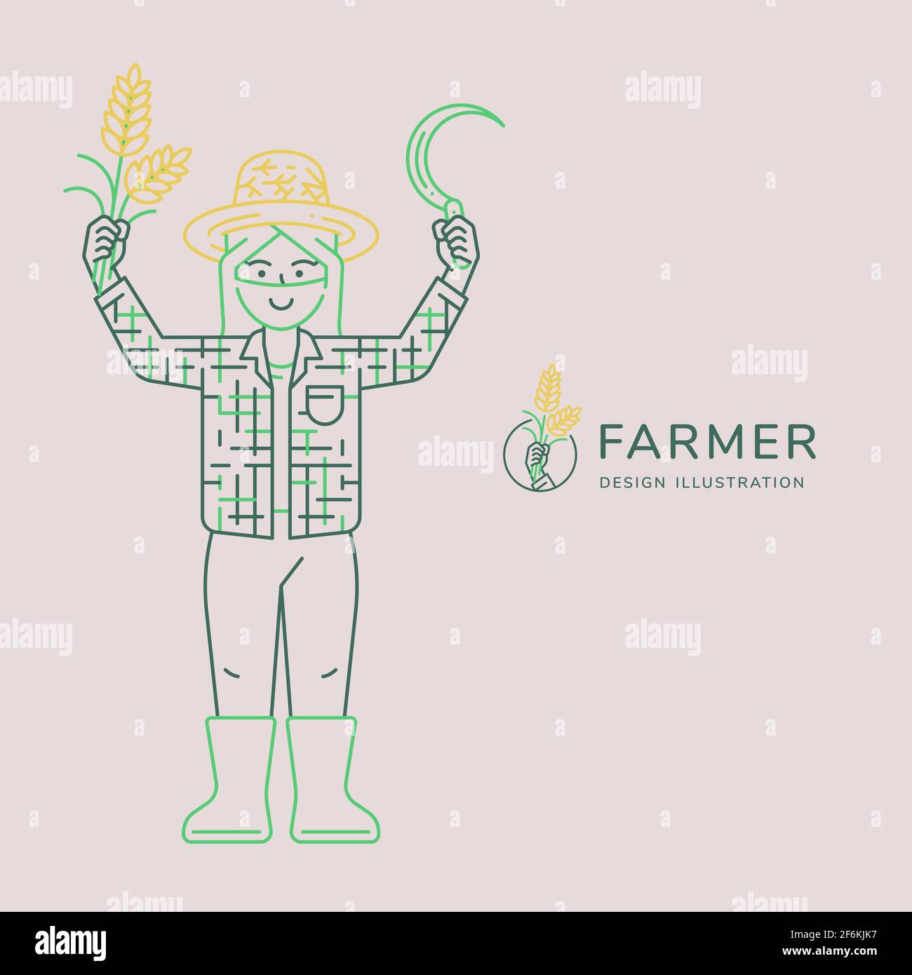 L'illustration « Happy Farmer » montre le sens de la main avec l'illustration du vecteur de riz et de faucille pour le concept agricole. Design minimaliste et style trois tons. Illustration de Vecteur