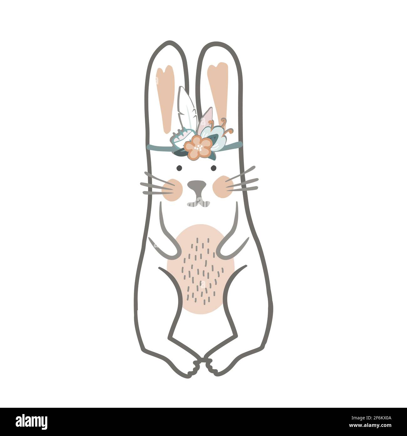 Jolie petite fille de lapin en forme de bande dessinée dans une couronne à fleurs. Imprimé puéril de style scandinave pour la garderie, les vêtements pour enfants, l'affiche et la carte postale. Illustration vectorielle Illustration de Vecteur