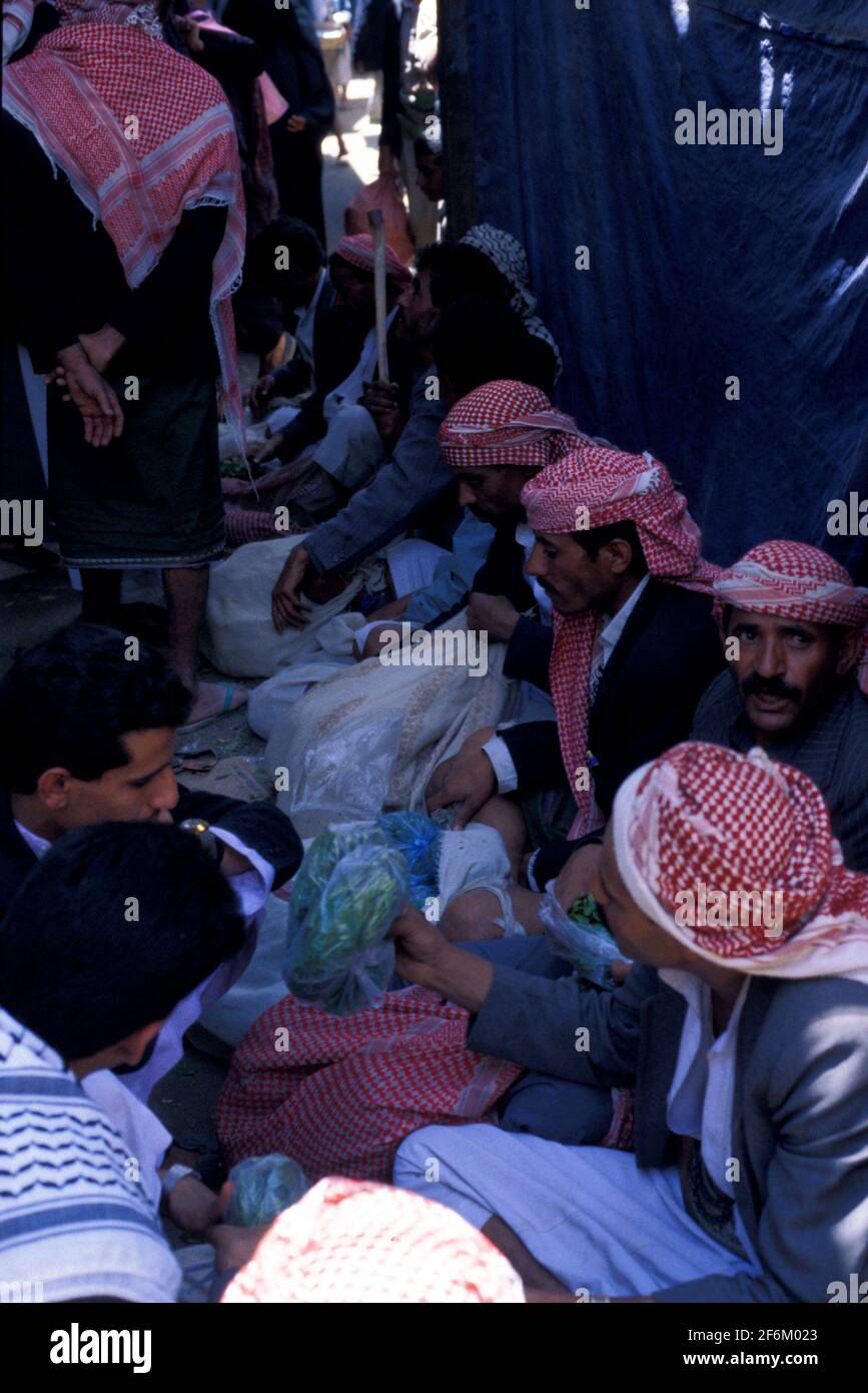 Commerce de Khat sur le marché, Sanaa, Yémen Banque D'Images