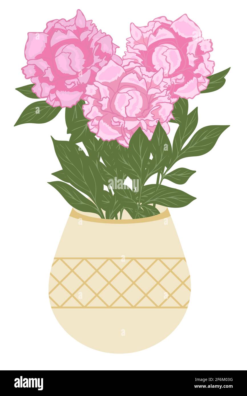 Vase avec fleurs. Un récipient avec un bouquet de pivoines. Grand jardin de fleurs roses avec feuilles, vecteur. Illustration de Vecteur