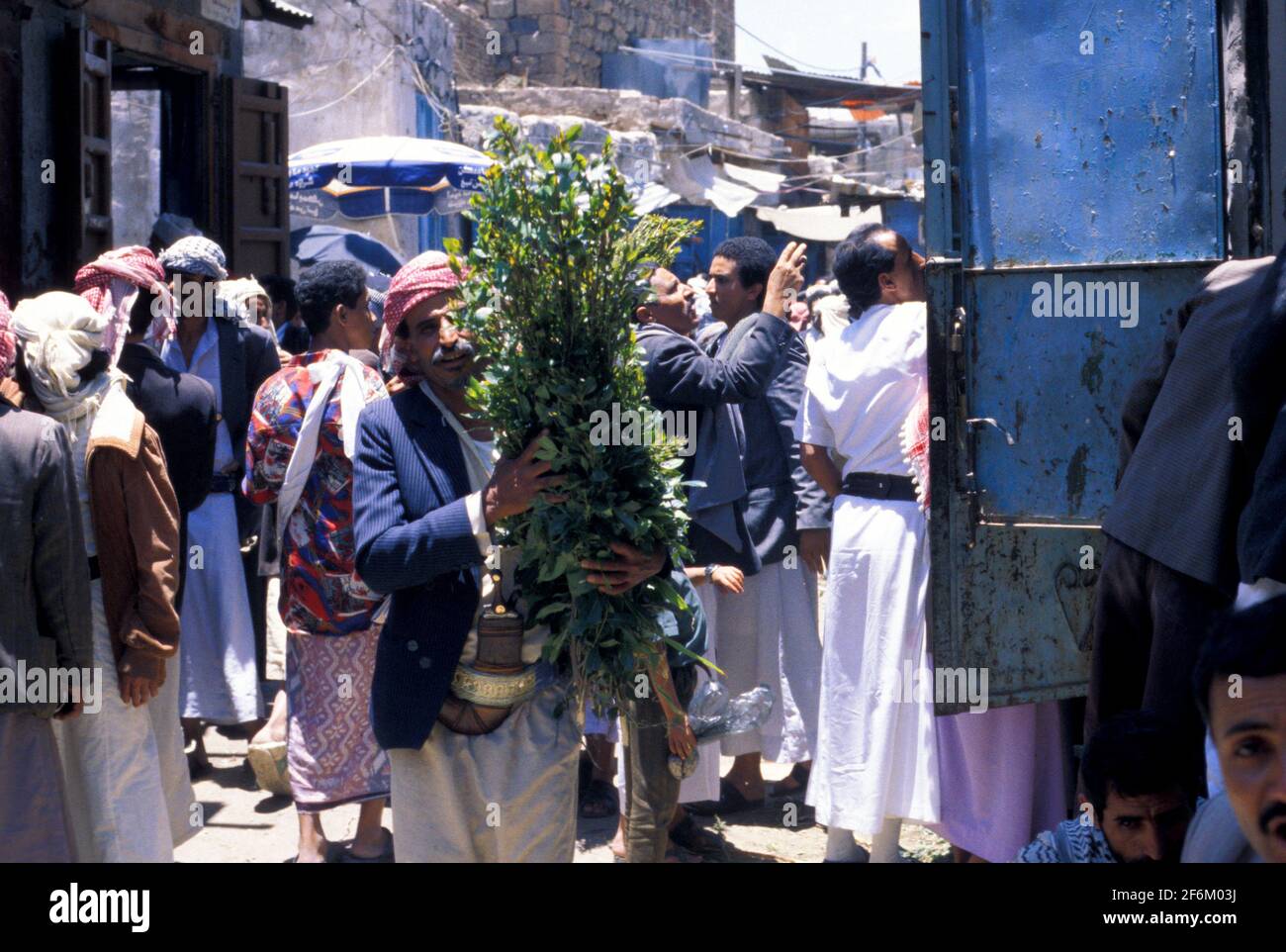 Commerce de Khat sur le marché, Sanaa, Yémen Banque D'Images