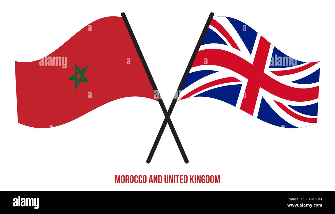 Maroc et Royaume-Uni drapeaux croisés et ondulant style plat. Proportion officielle. Corriger les couleurs. Illustration de Vecteur