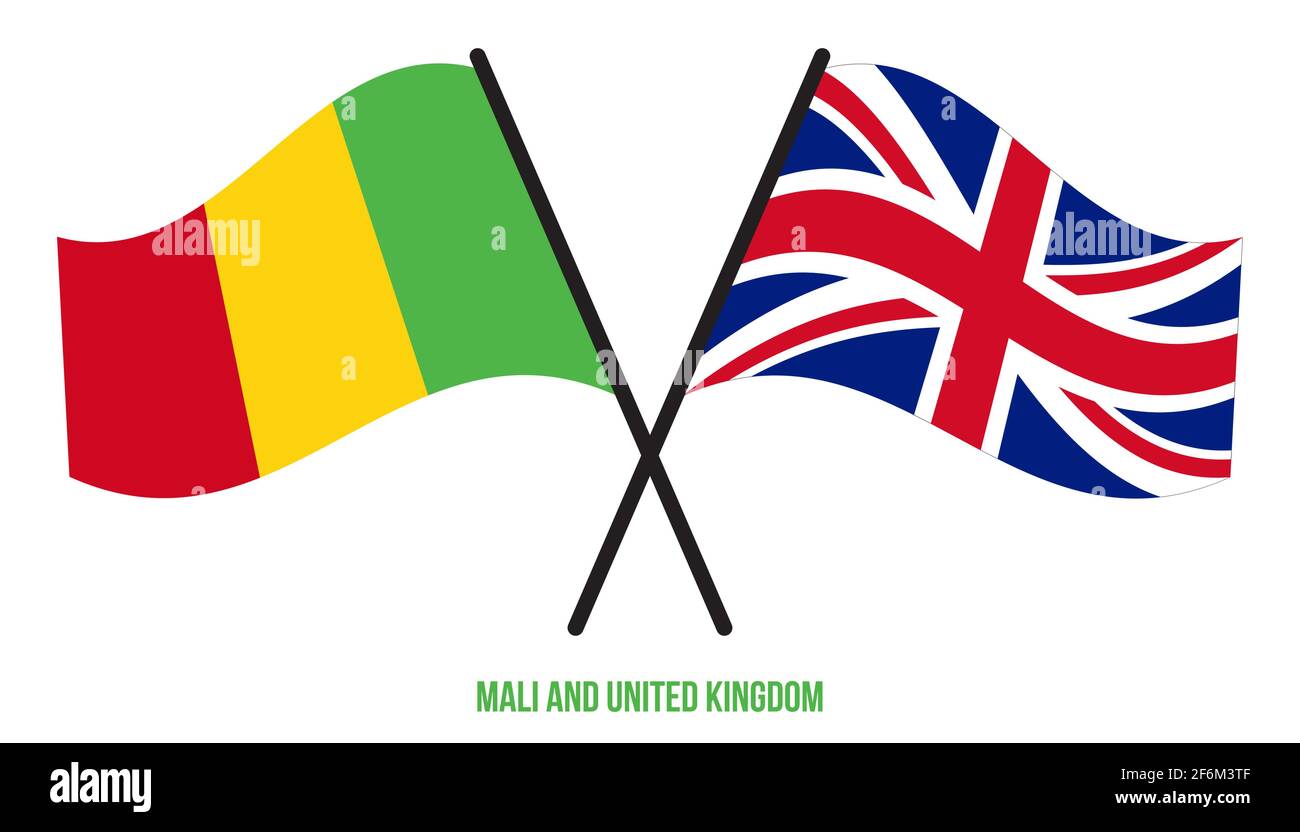 Mali et Royaume-Uni drapeaux croisés et ondulant le style plat. Proportion officielle. Corriger les couleurs. Illustration de Vecteur