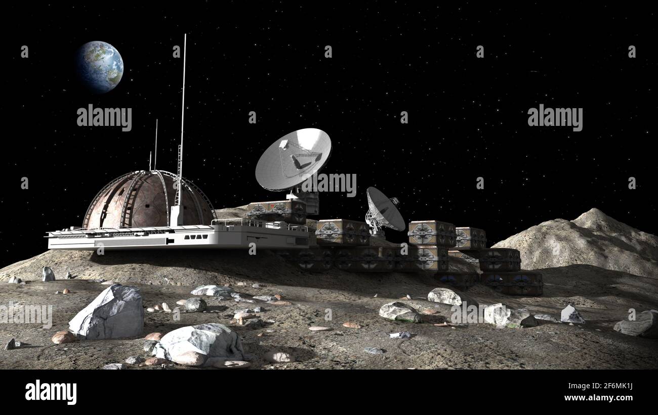 3D Illustration d'une base lunaire avec une structure dôme, des modules de recherche, des modules d'observation et des antennes paraboliques de communication pour l'exploration spatiale et Banque D'Images