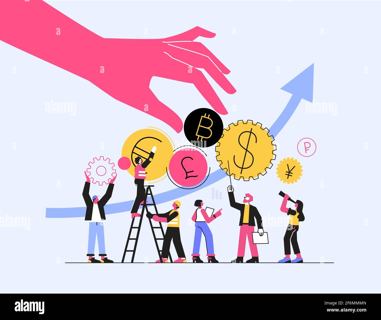 Illustration vectorielle, crypto-monnaie, négociant, bourse de change numérique. Finance, marché monétaire numérique, portefeuille cryptocoin, actions Illustration de Vecteur