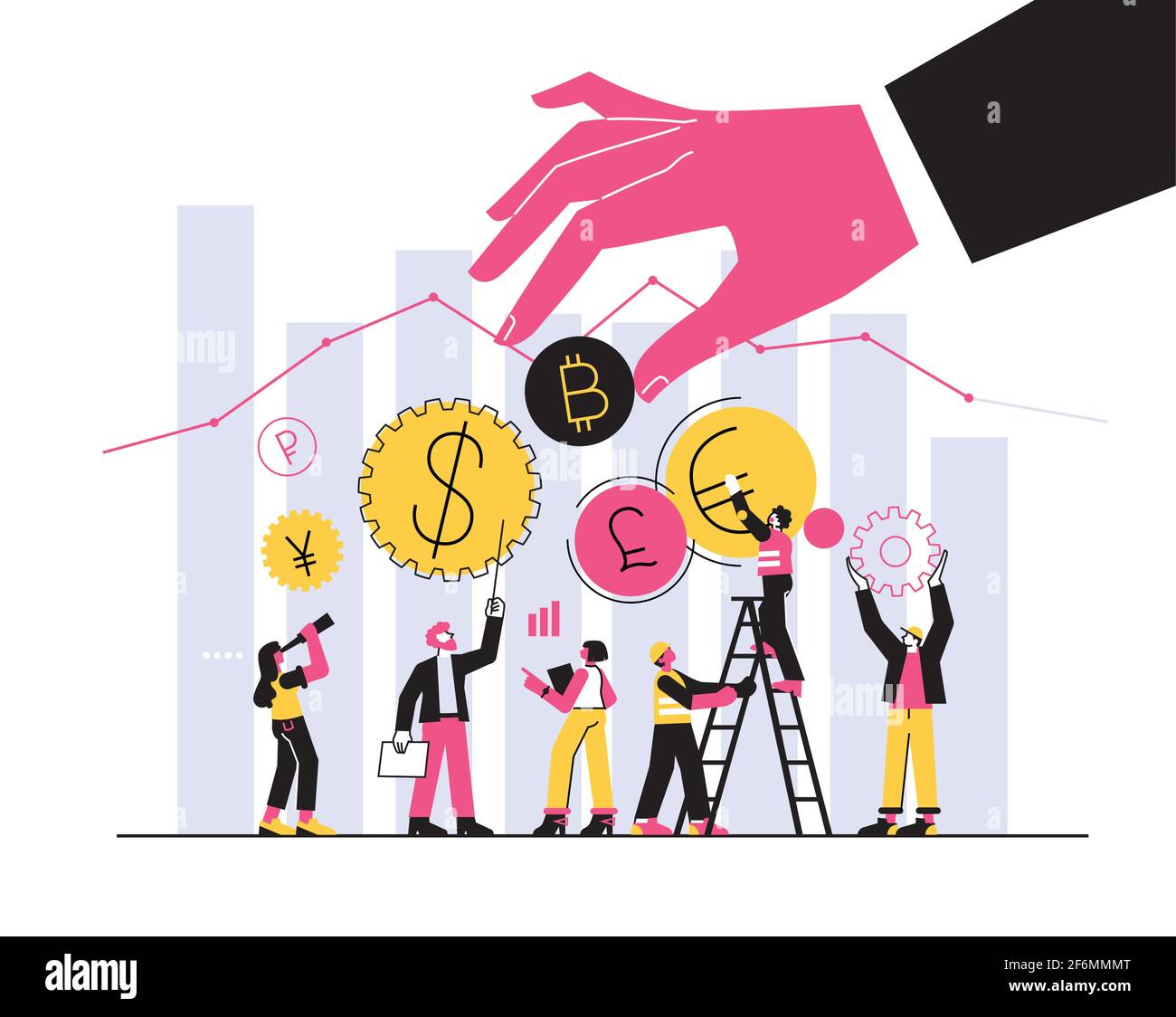 Illustration vectorielle, crypto-monnaie, négociant, bourse de change numérique. Finance, marché monétaire numérique, portefeuille cryptocoin, actions Illustration de Vecteur