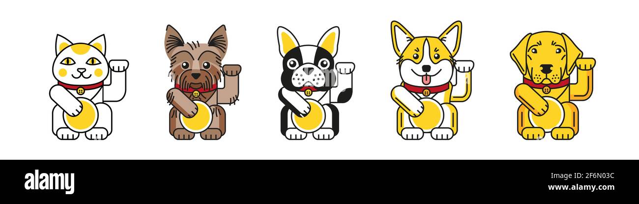 Chat chanceux avec chien de taureau, corgi, labrador, terrier Illustration de Vecteur