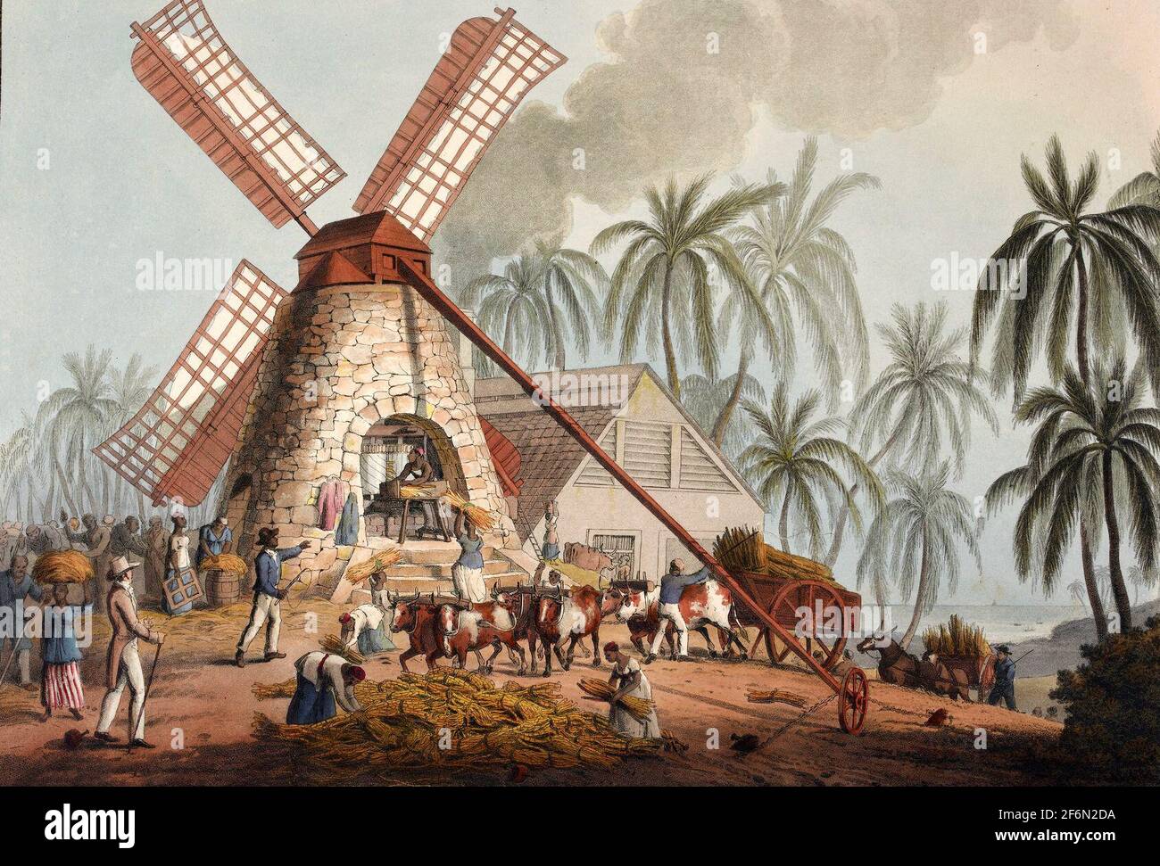 Le Mill Yard - broyage de canne à sucre dans un moulin à vent - William Clark, 1823 Banque D'Images