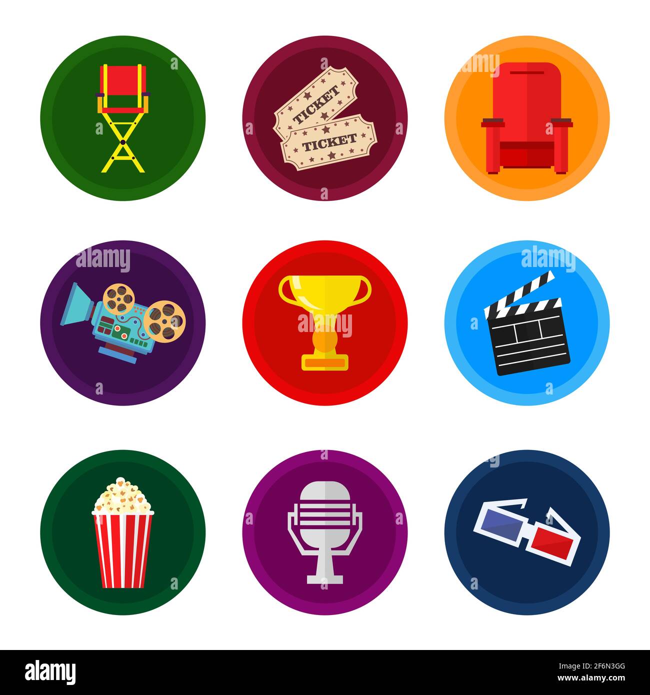 Éléments de film plat Vector avec fauteuil, prix, caméra, pop-corn et microphone. Concept cinéma. Illustration de Vecteur