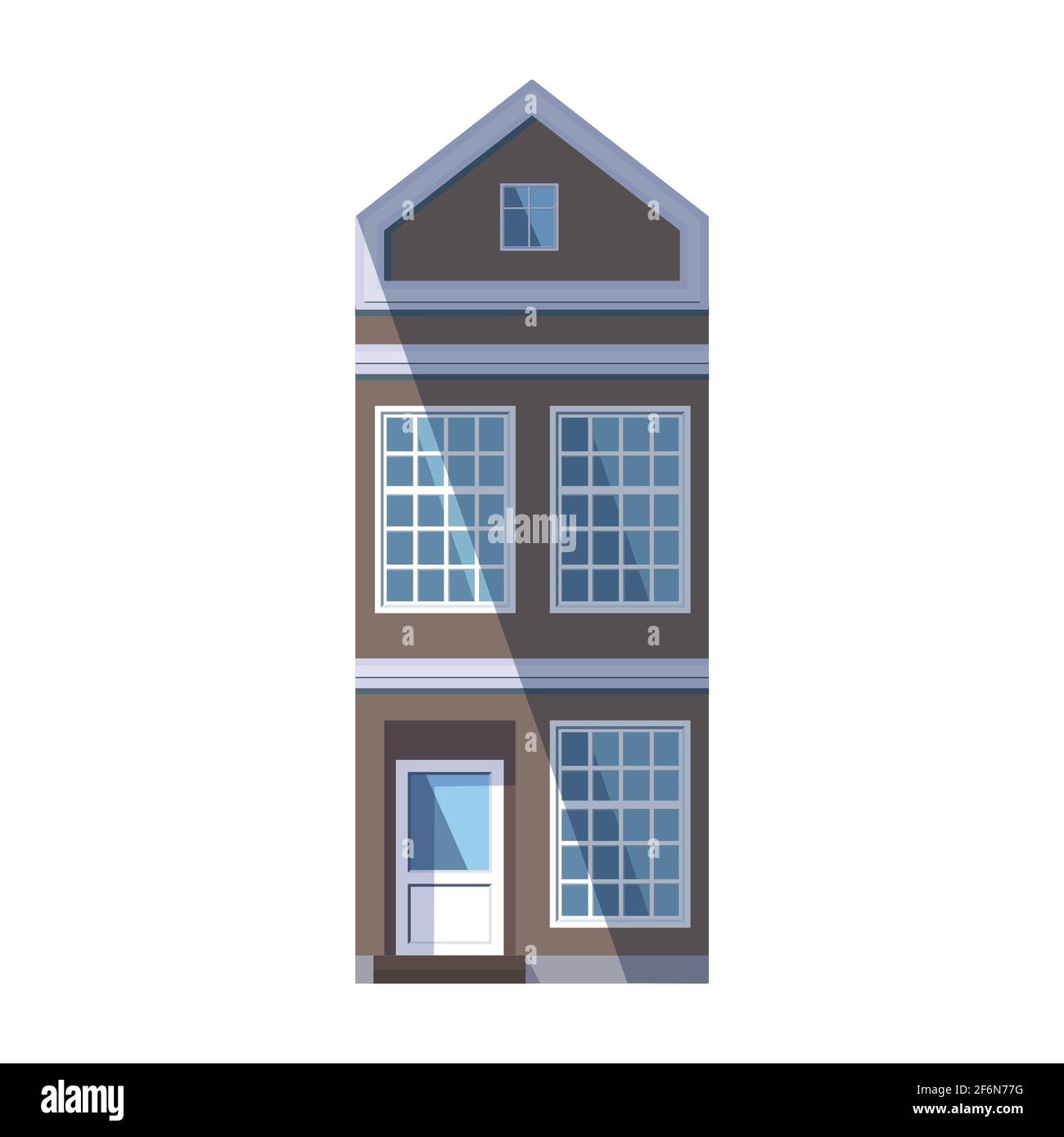Ancienne maison marron européenne dans le style traditionnel de la ville hollandaise avec un toit de pignon, une fenêtre carrée mansardée et de grandes fenêtres de style loft. Illustration vectorielle Illustration de Vecteur