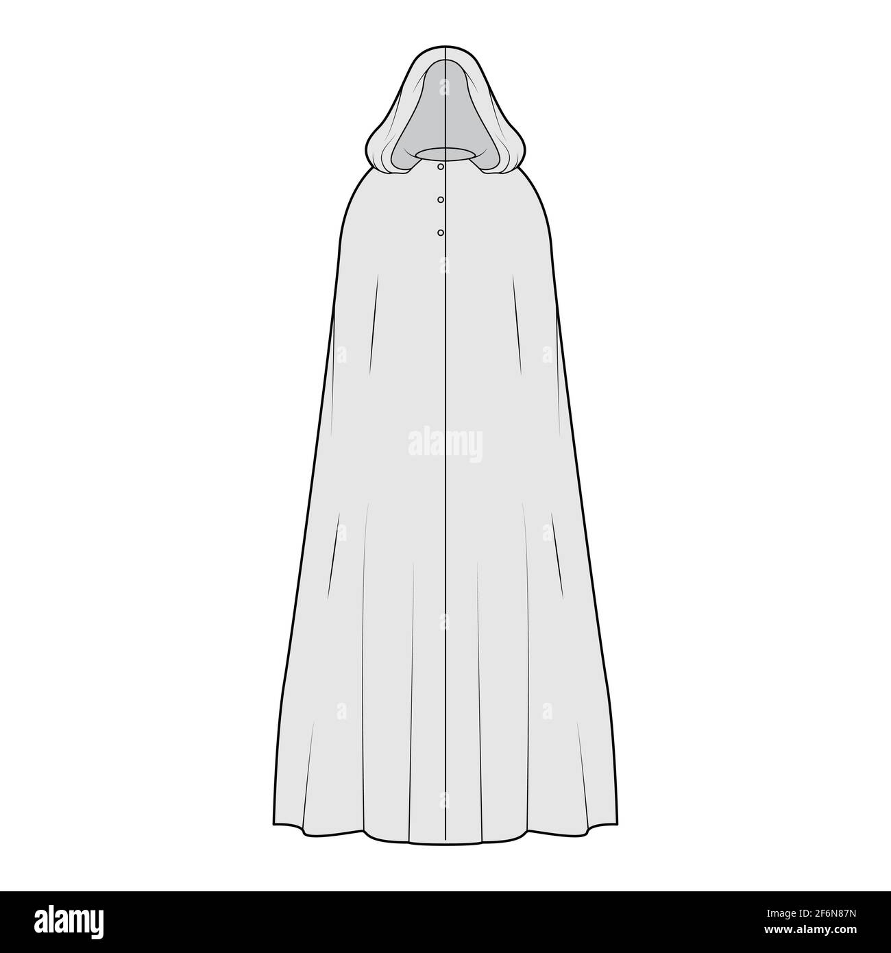 Manteau de manteau de manteau illustration technique de la mode avec  capuche, corps de trapèze grand, longueur maxi de plancher, fermeture par  bouton. Modèle de veste plate sur le devant, style gris.
