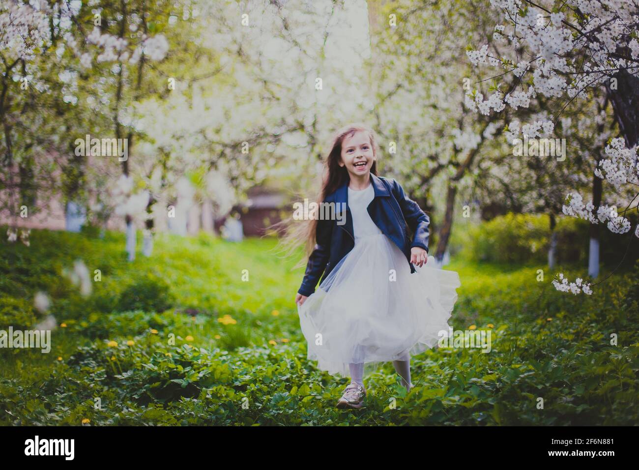 Petite fille en veste noire et robe blanche courant le jardin de la cerise  de printemps Photo Stock - Alamy