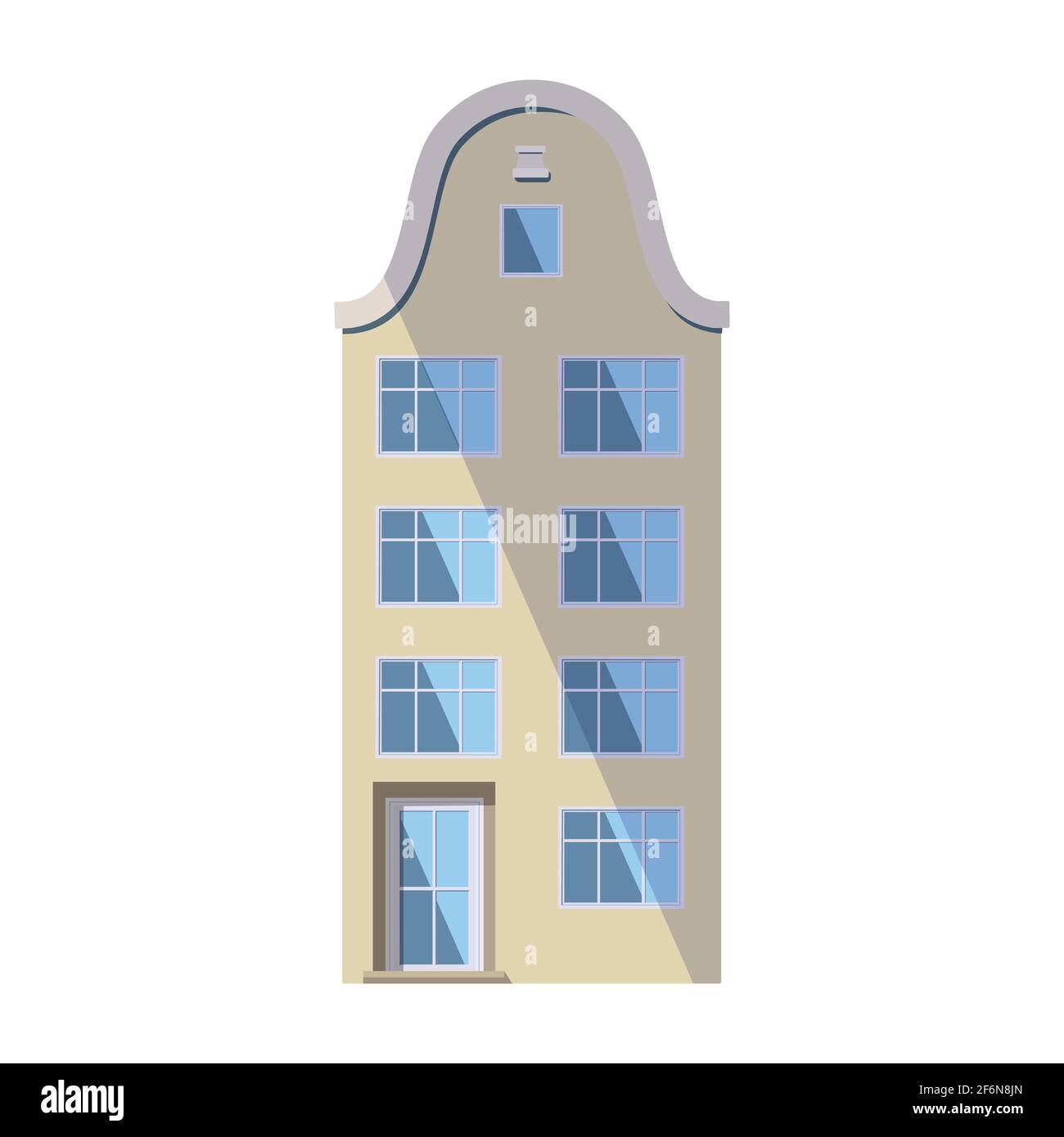 Ancienne maison beige européenne dans le style traditionnel de la ville hollandaise avec un toit à double pignon, des fenêtres rondes mansardées et de grands vitrines. Illustration vectorielle Illustration de Vecteur