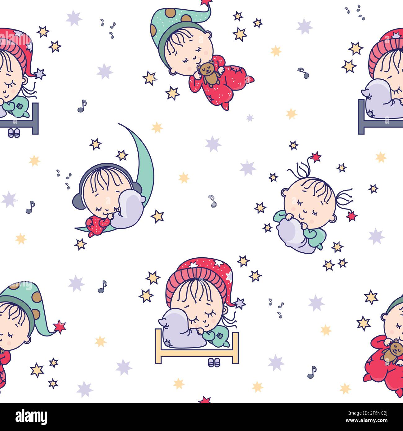 Motifs sans couture. Les enfants adorables et drôles dorment sur un fond blanc avec des étoiles. Vecteur. Collection pour enfants pour le design, la décoration, l'impression, l'emballage, t Illustration de Vecteur