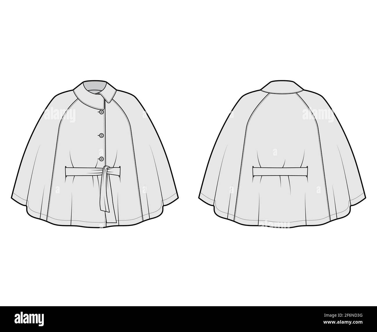 Cape manteau manteau manteau illustration technique de la mode avec  ceinture, col asymétrique, corps trapèze grand, longueur du bout des  doigts. Modèle de veste plate à l'avant, à l'arrière, blanc, style gris.