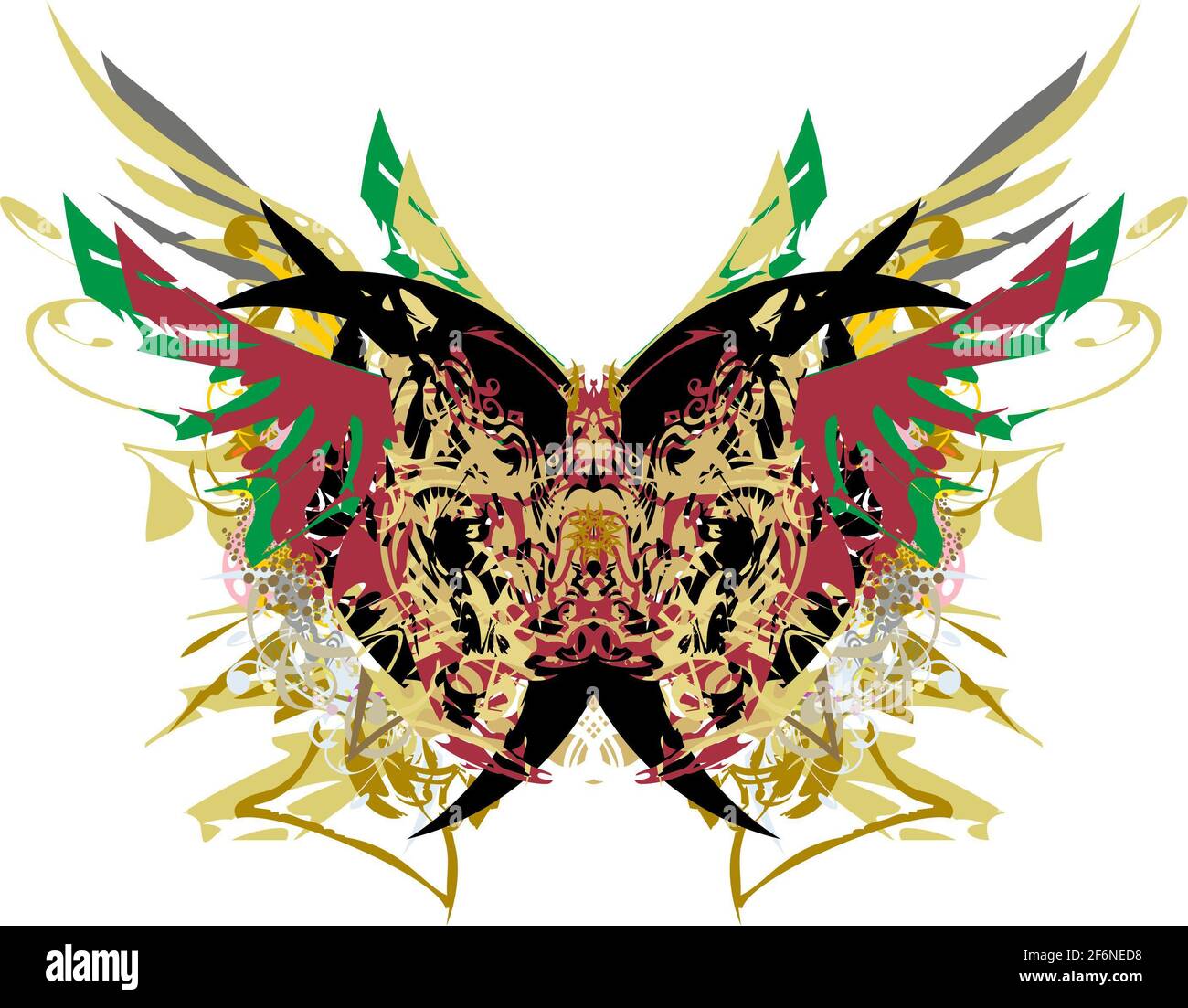 De terribles ailes de papillons éclabousse sur fond blanc. Motifs floraux rouge foncé, dorés et colorés dans les ailes d'un papillon dangereux Banque D'Images