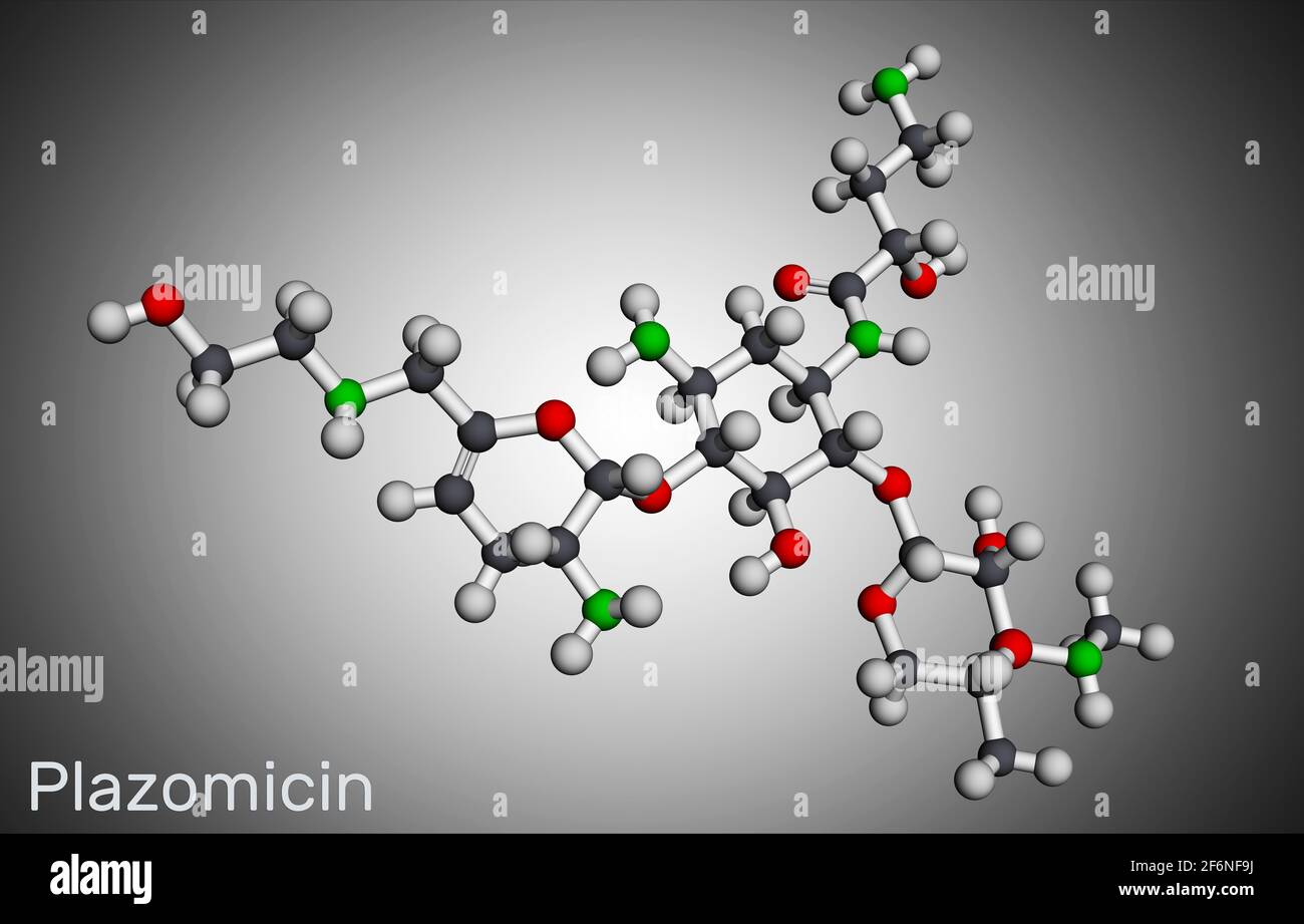 Plazomicine, molécule. Il s'agit d'un antibiotique aminoglycoside utilisé pour les infections urinaires ou la pyélonéphrite. Modèle moléculaire. Rendu 3D. Illustrat 3D Banque D'Images