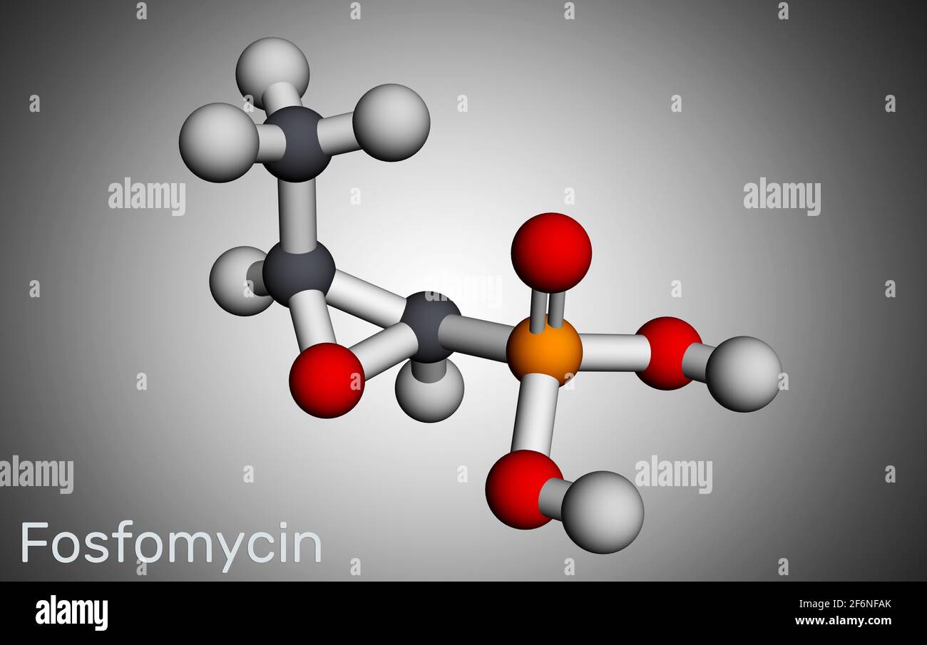 Fosfomycine, phosphomycine, molécule de phosphonomycine. Il s'agit d'un antibiotique synthétique aux propriétés antimicrobiennes bactéricides. Modèle moléculaire. Rendu 3D Banque D'Images
