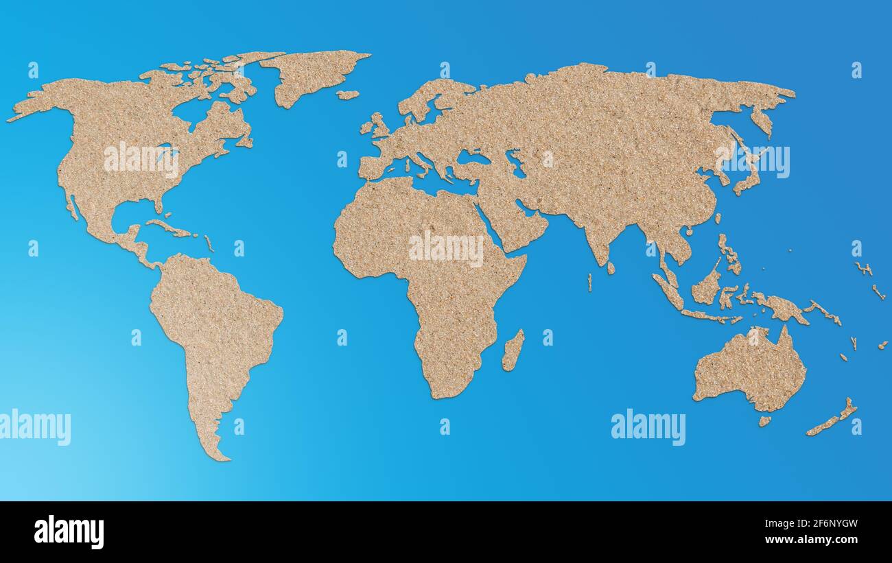 Carte du monde en sable fin sur fond bleu. résolution 4k. Banque D'Images