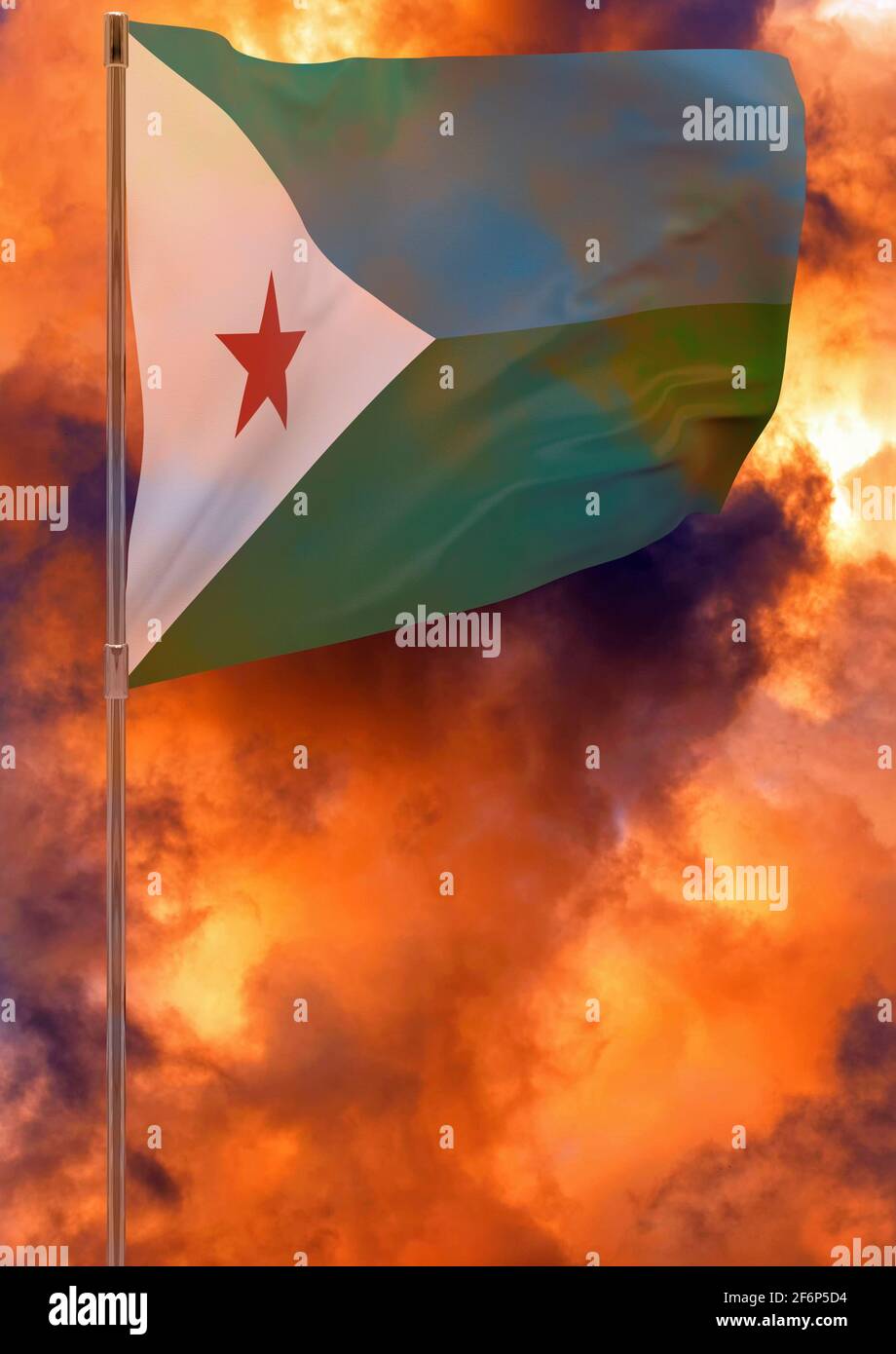 Drapeau de Djibouti avec fond de ciel. Bannière onduleuse. Drapeau national de Djibouti Banque D'Images