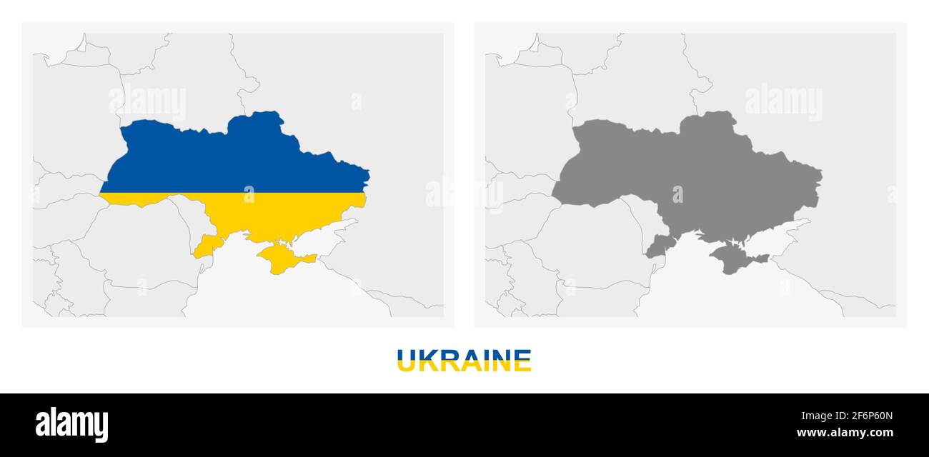 Deux versions de la carte de l'Ukraine, avec le drapeau de l'Ukraine et surligné en gris foncé. Carte vectorielle. Illustration de Vecteur