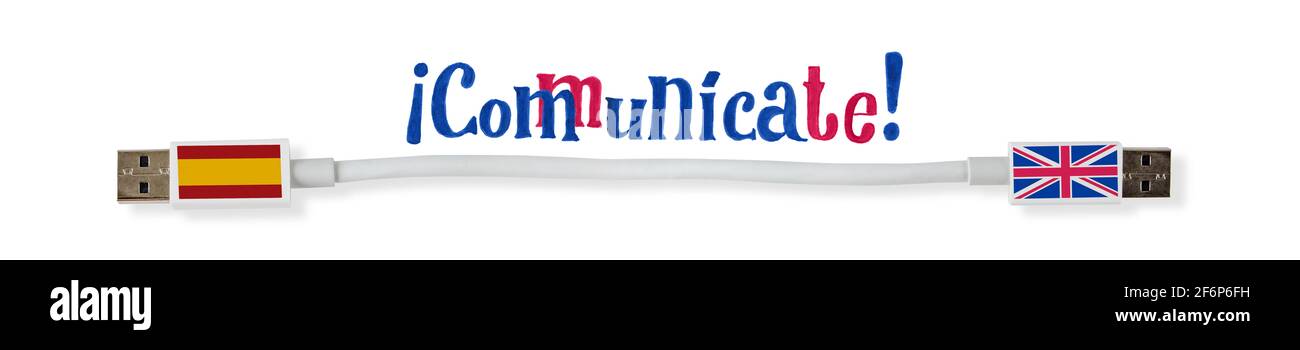 Langues espagnole et anglaise étudiant l'illustration de concept et le lettrage. L'Espagne et la Grande-Bretagne drapeaux sur les extrémités du câble de communication. Banque D'Images