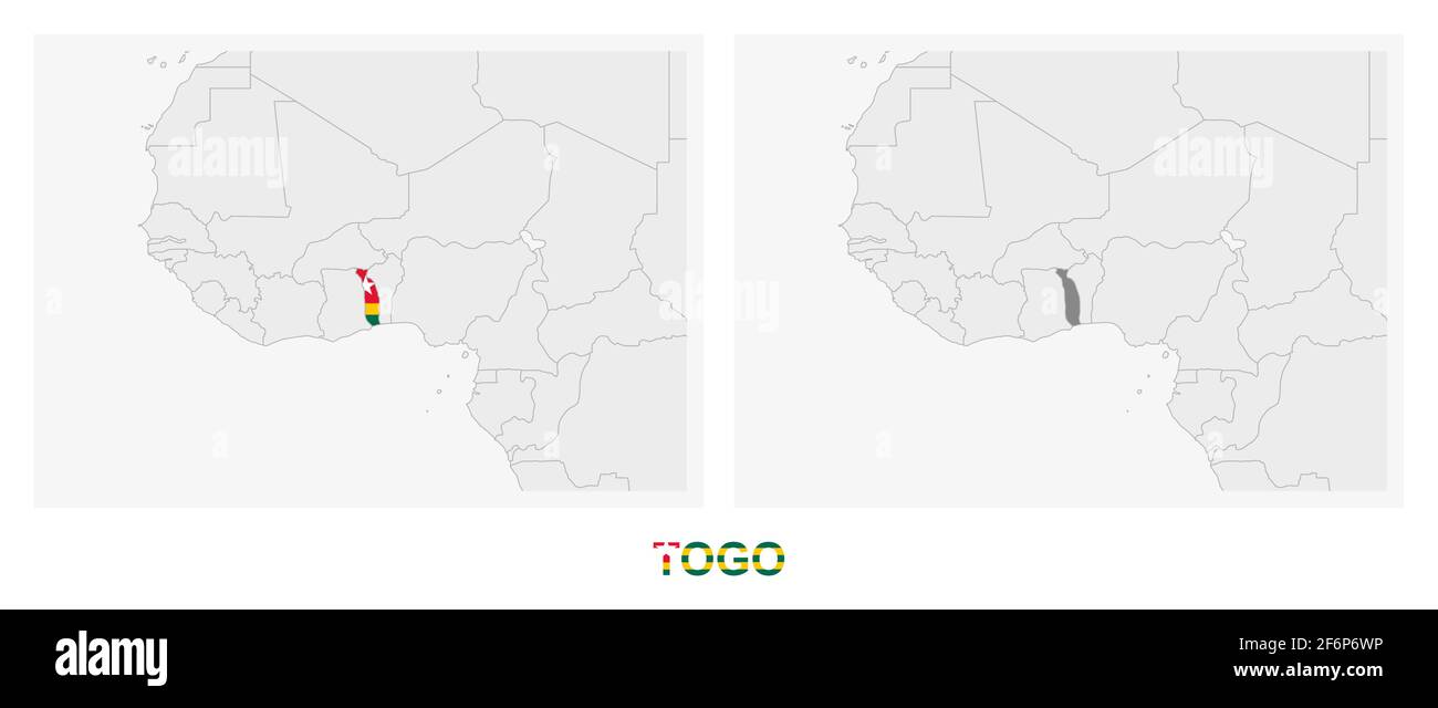 Deux versions de la carte du Togo, avec le drapeau du Togo et surligné en gris foncé. Carte vectorielle. Illustration de Vecteur