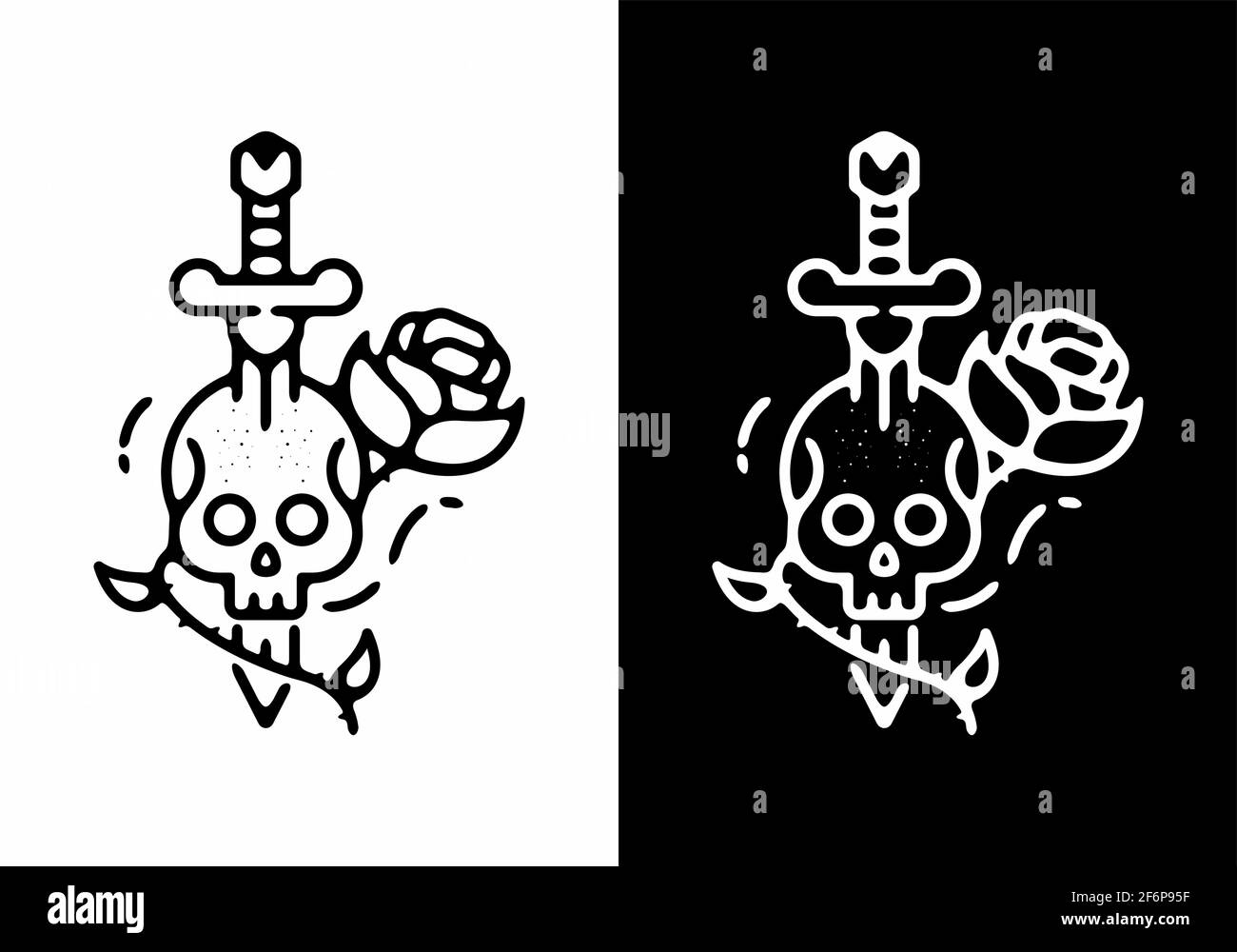 Motif d'illustration noir et blanc avec épée de crâne et tatouage rose Illustration de Vecteur