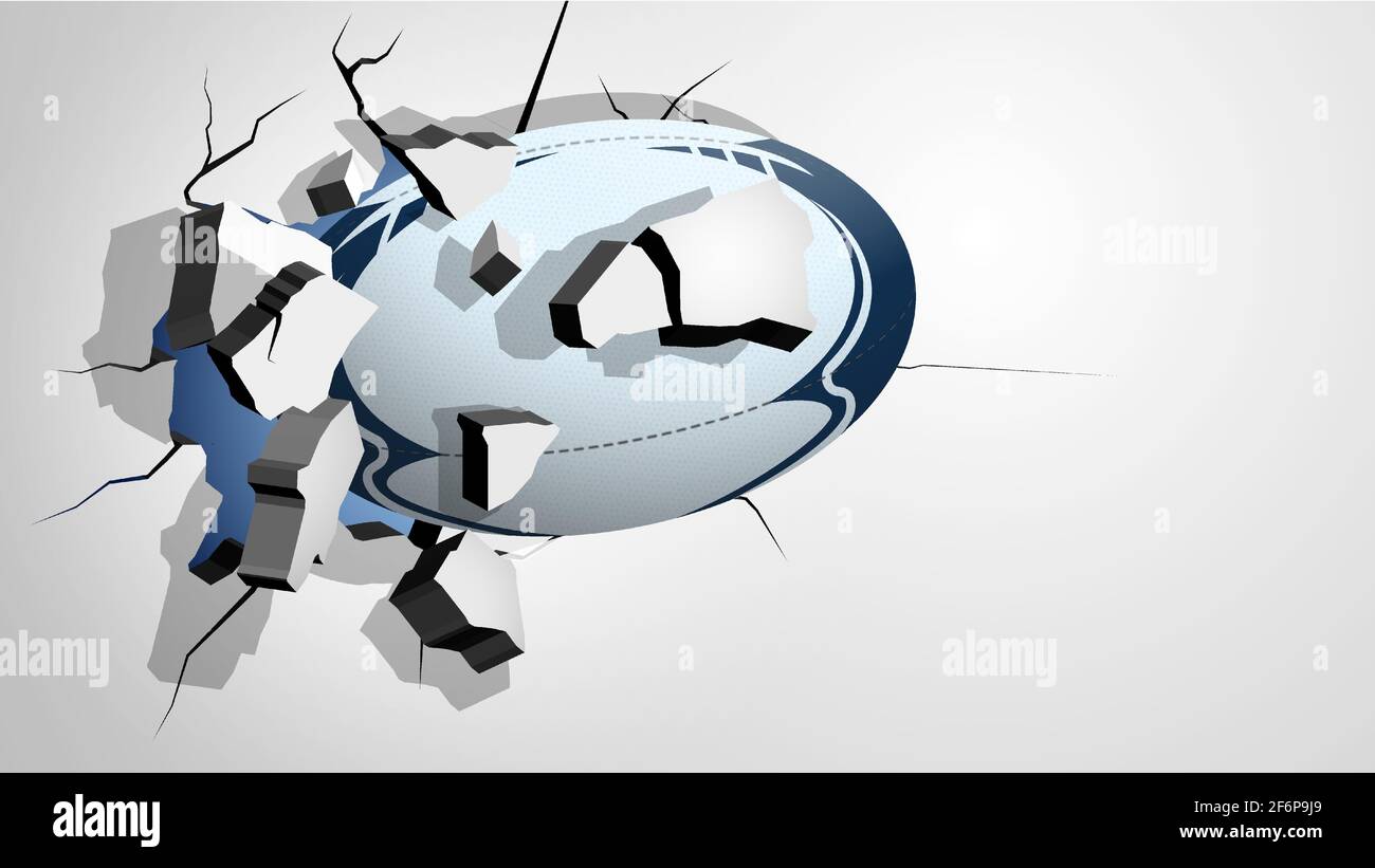 le ballon de rugby poinçonné à travers le mur et se brise en éclats, fissures sur le mur. Infliger des dommages importants. Vecteur Illustration de Vecteur
