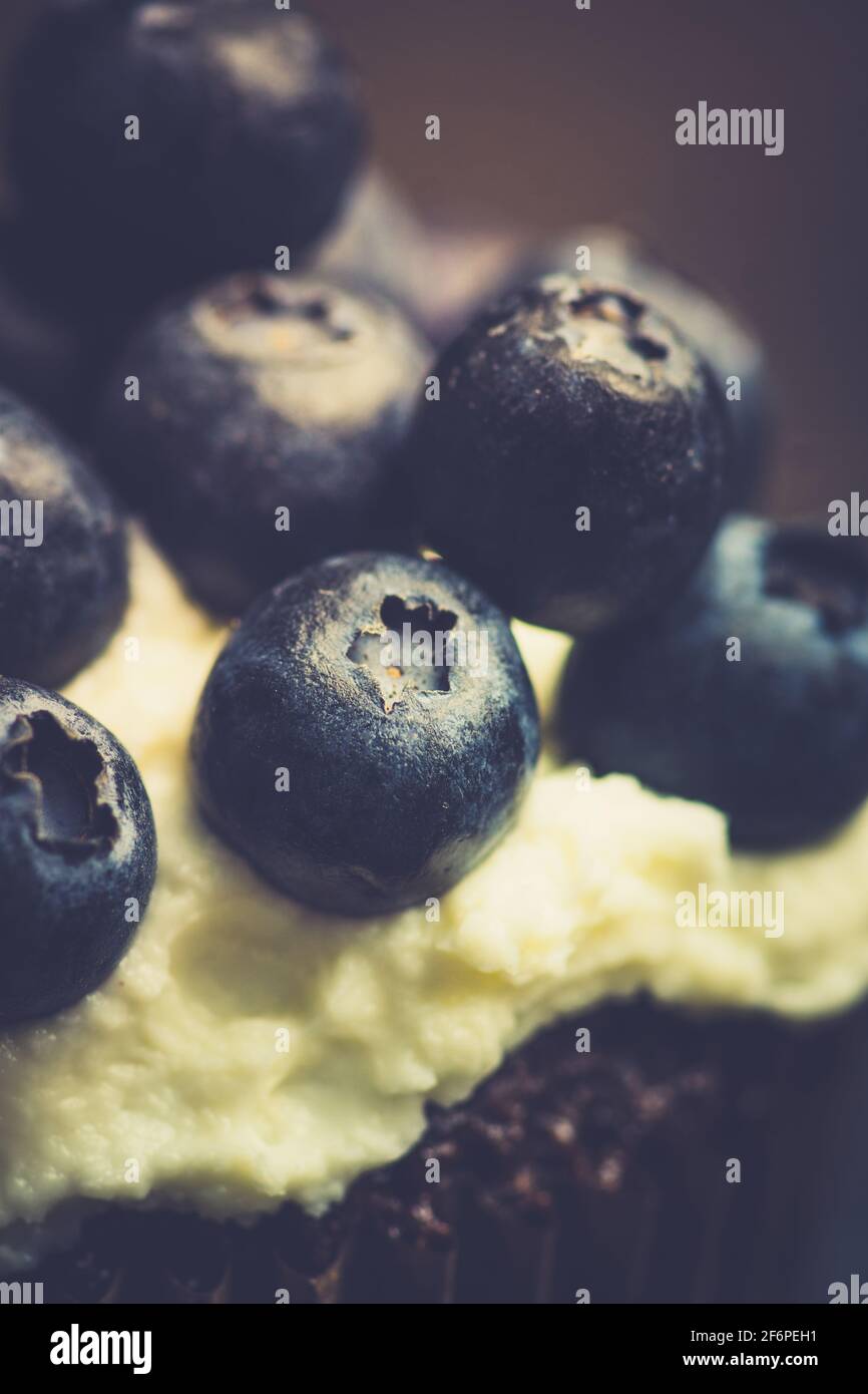 Muffin maison avec bleuets et fromage à la crème sur fond rustique. Mise au point sélective. Banque D'Images