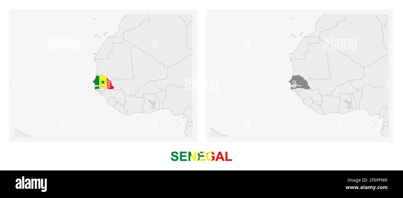 Deux versions de la carte du Sénégal, avec le drapeau du Sénégal et surligné en gris foncé. Carte vectorielle. Illustration de Vecteur