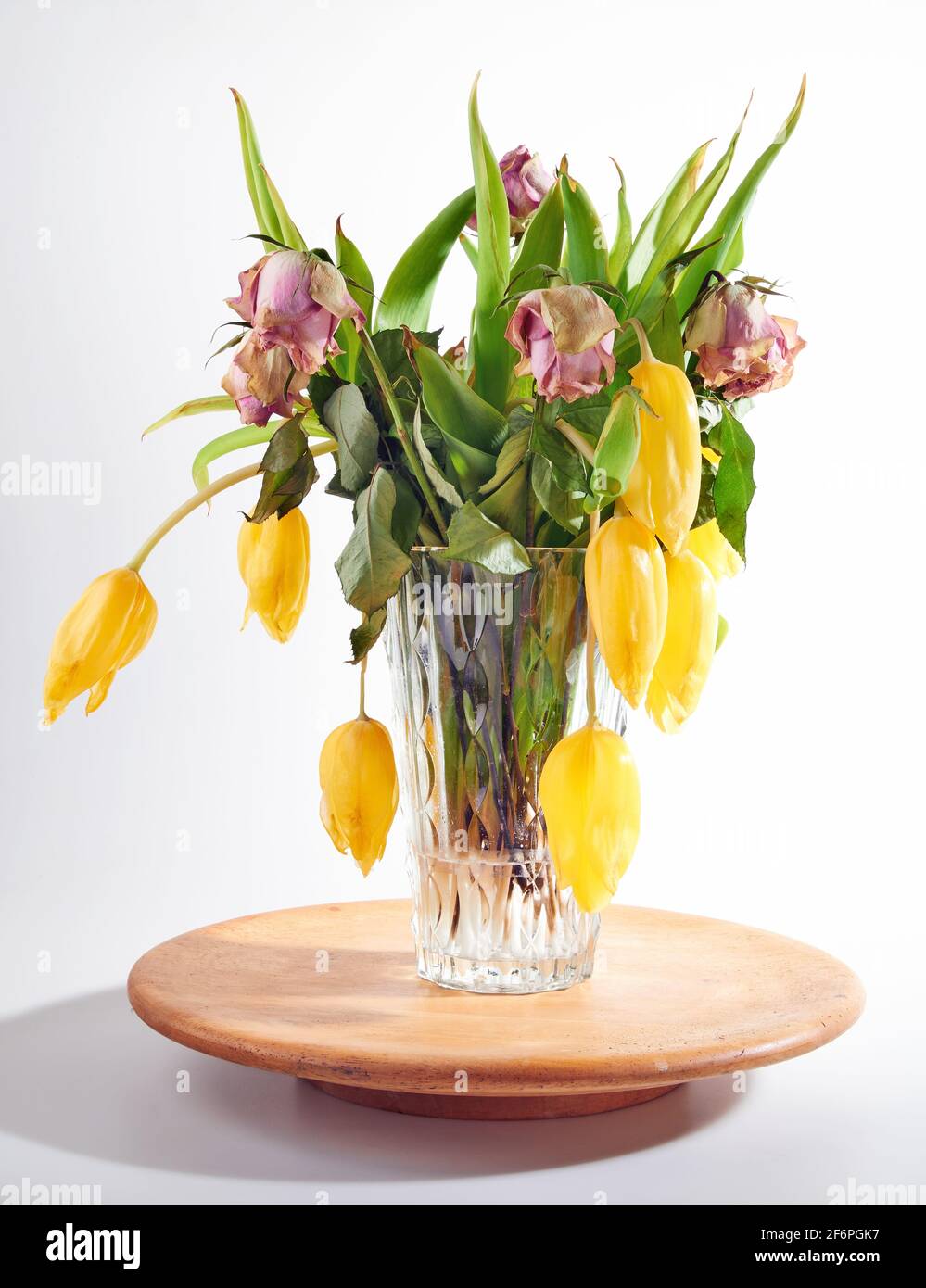 Bouquet fané et sauvage de roses roses roses et de tulipes jaunes sur fond blanc. Concept de la mort objet floral. Banque D'Images