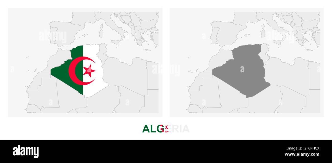 Deux versions de la carte de l'Algérie, avec le drapeau de l'Algérie et surligné en gris foncé. Carte vectorielle. Illustration de Vecteur