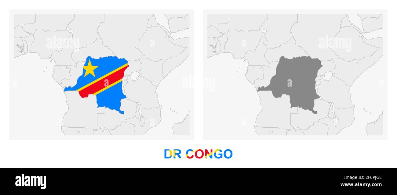 Deux versions de la carte de la RD Congo, avec le drapeau de la RD Congo et surligné en gris foncé. Carte vectorielle. Illustration de Vecteur