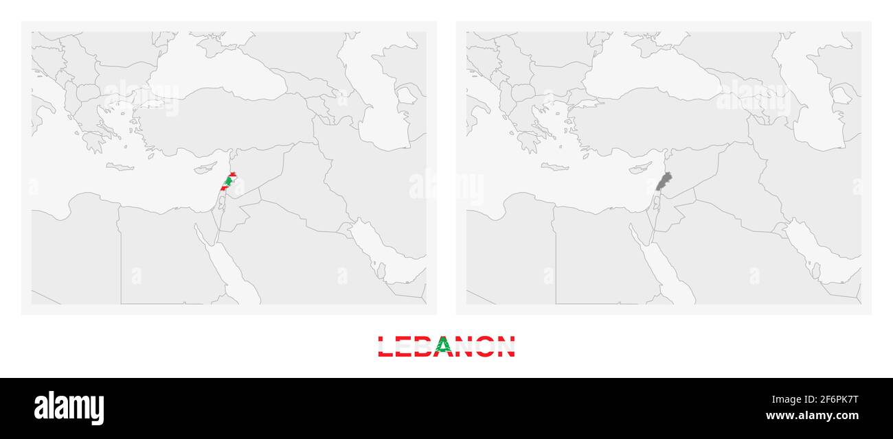 Deux versions de la carte du Liban, avec le drapeau du Liban et surlignées en gris foncé. Carte vectorielle. Illustration de Vecteur