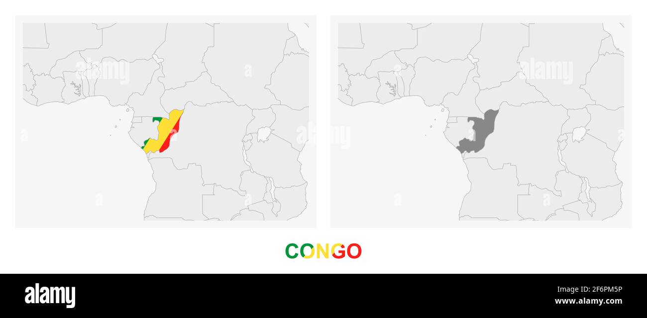 Deux versions de la carte du Congo, avec le drapeau du Congo et surligné en gris foncé. Carte vectorielle. Illustration de Vecteur