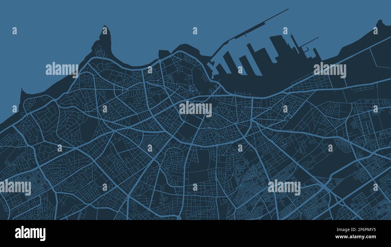 Carte d'arrière-plan vectorielle bleu foncé, rues de la ville de Casablanca et illustration de la cartographie de l'eau. Format écran large, design plat numérique streetmap Illustration de Vecteur
