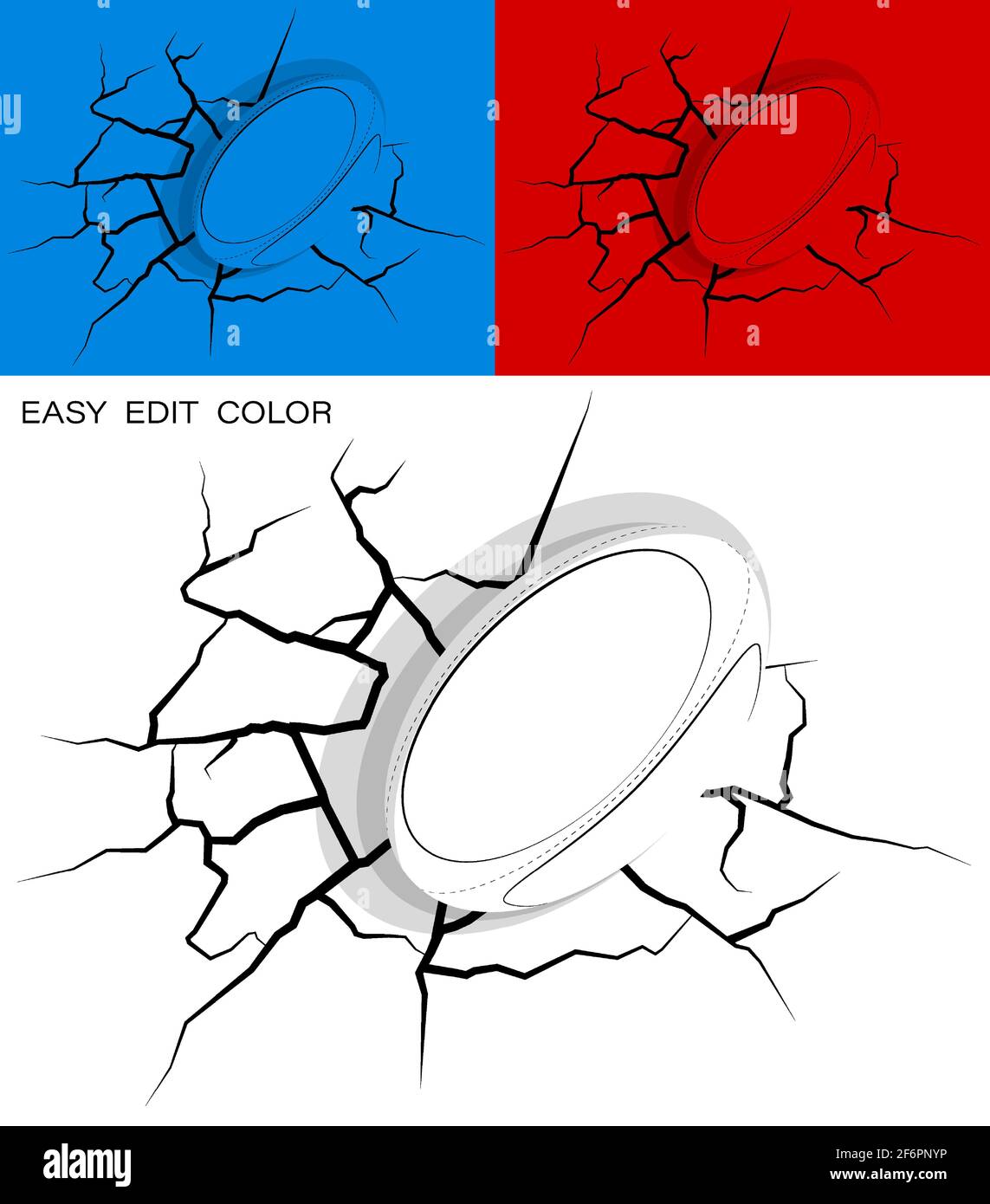 le ballon de rugby frappe le mur avec force et endommagé, fissures sur le mur. Élément de design sportif. Mode de vie actif. Vecteur sur fond blanc ou couleur avec crac Illustration de Vecteur
