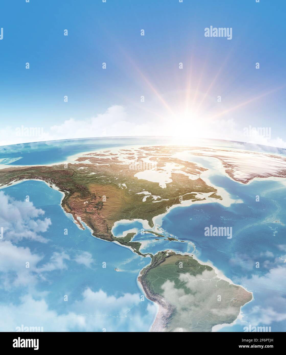 Soleil brillant à travers les nuages, dans le ciel bleu, sur une vue satellite haute détaillée de la planète Terre, focalisée sur l'Amérique - éléments fournis par la NASA Banque D'Images