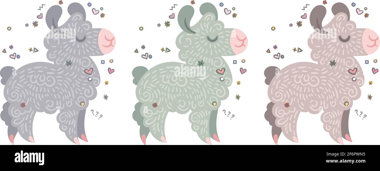 Collection de jolis lamas curly de différentes couleurs. Illustration vectorielle pour colorier des pages, des tirages enfants et des publications Illustration de Vecteur