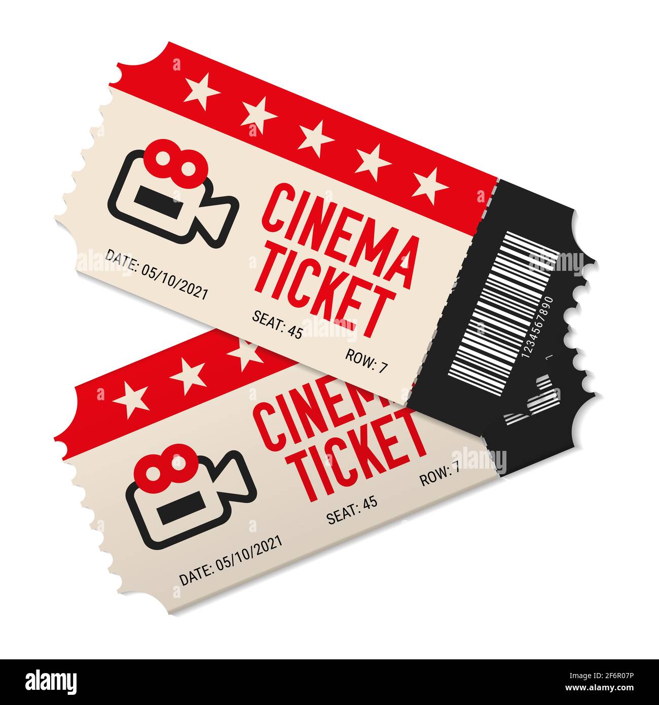 Deux billets de cinéma en gros plan. Billet détachable. Étiquettes noires  et rouges avec code-barres. Illustration isolée sur blanc Photo Stock -  Alamy