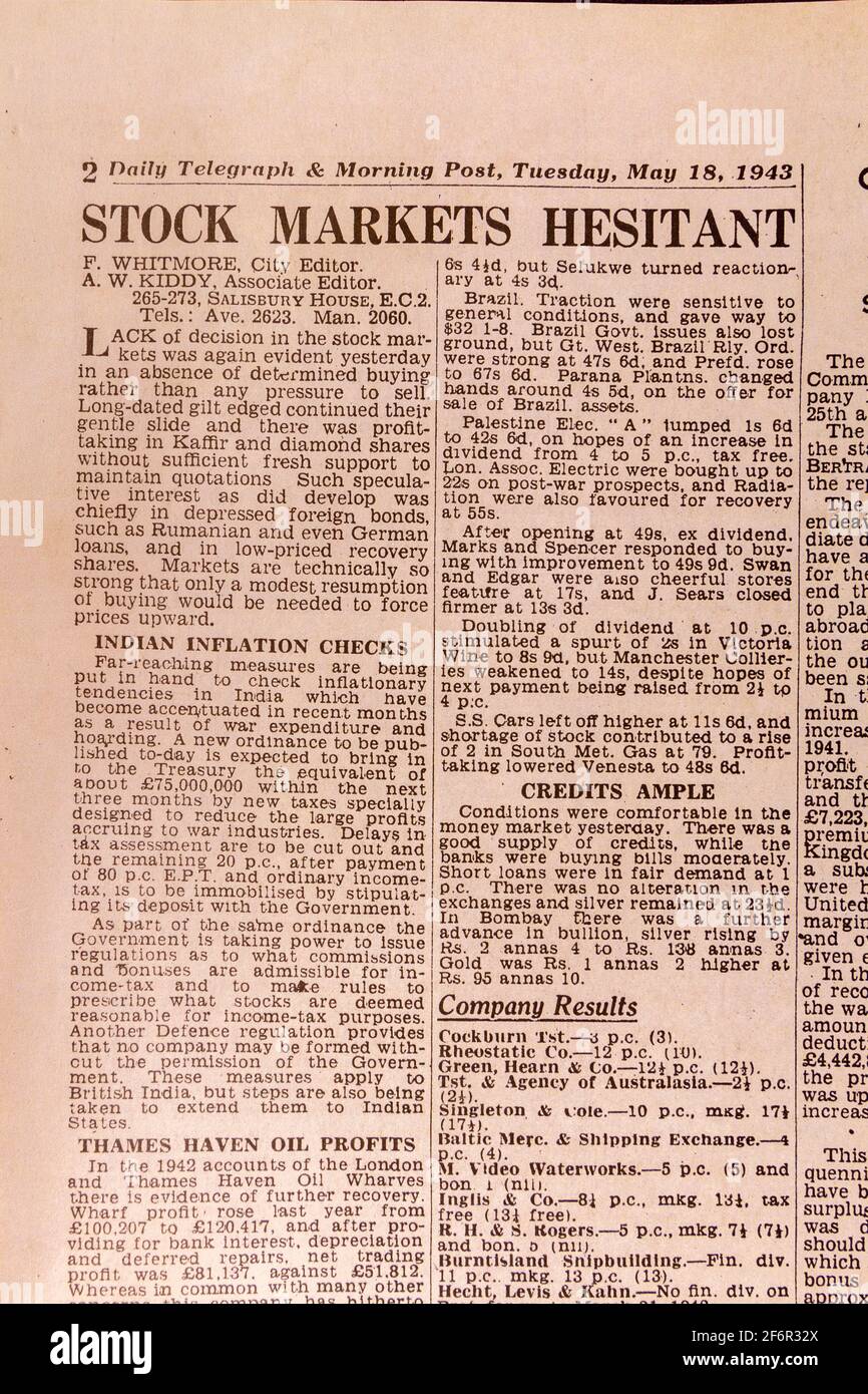 Actualités boursières dans le Daily Telegraph (réplique), 18 mai 1943, le lendemain du raid de Dam Busters. Banque D'Images