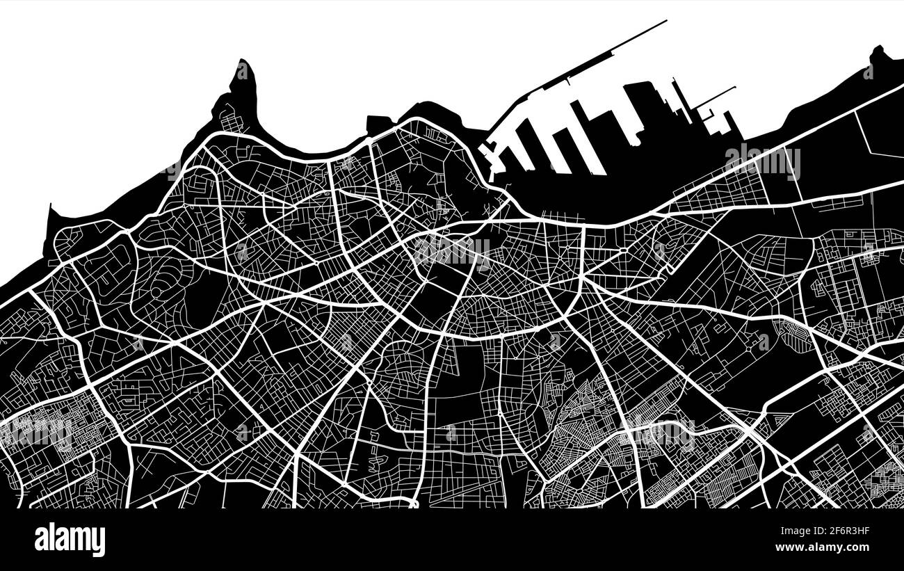 Carte d'arrière-plan à vecteur noir et blanc, rues de la ville de Casablanca et illustration de la cartographie de l'eau. Format écran large, design numérique plat str Illustration de Vecteur