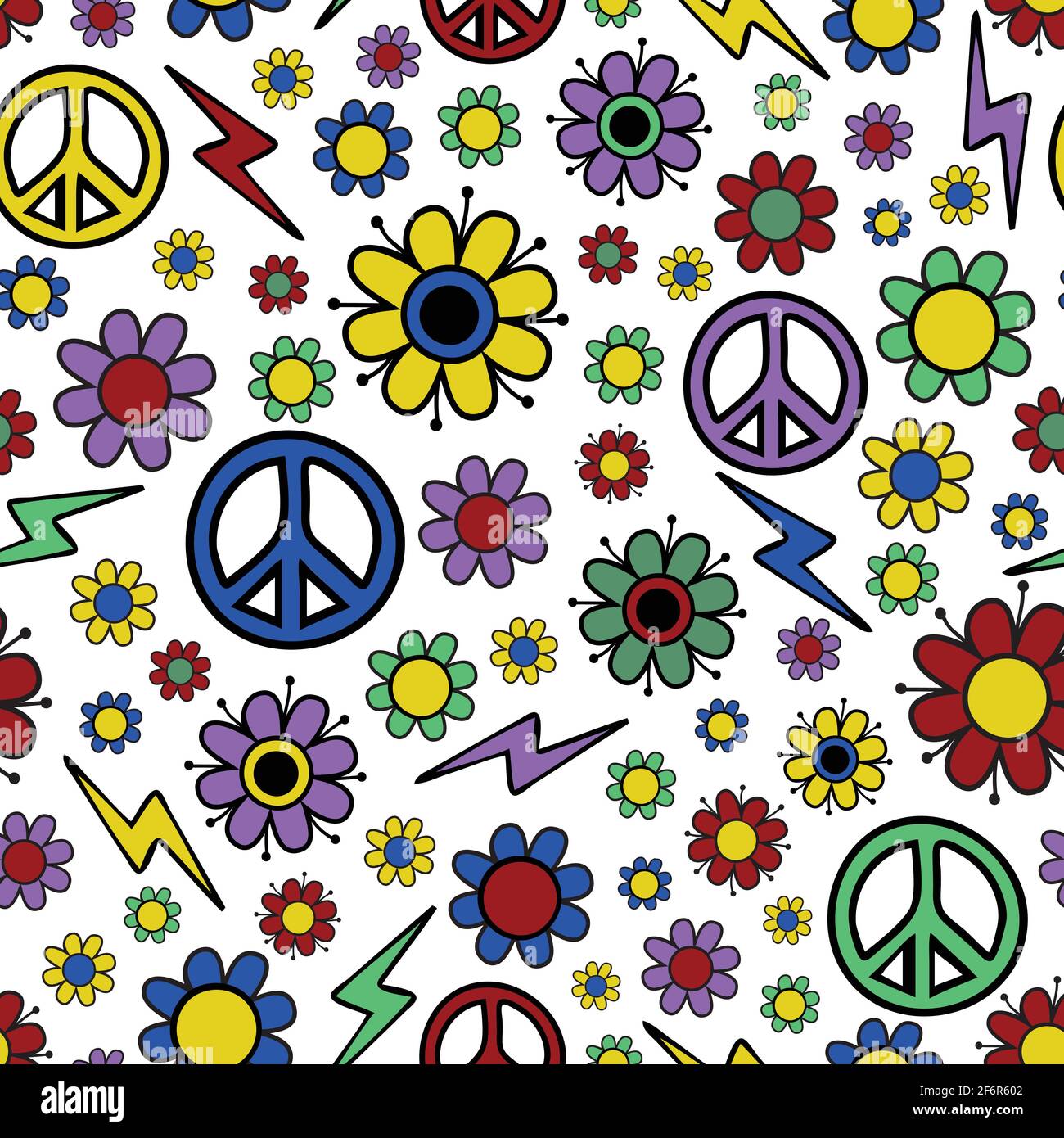 Motif vectoriel sans couture avec fleurs et symbole de paix. conception en tissu des années 70 et 60. Papier peint vintage coloré. Illustration de Vecteur
