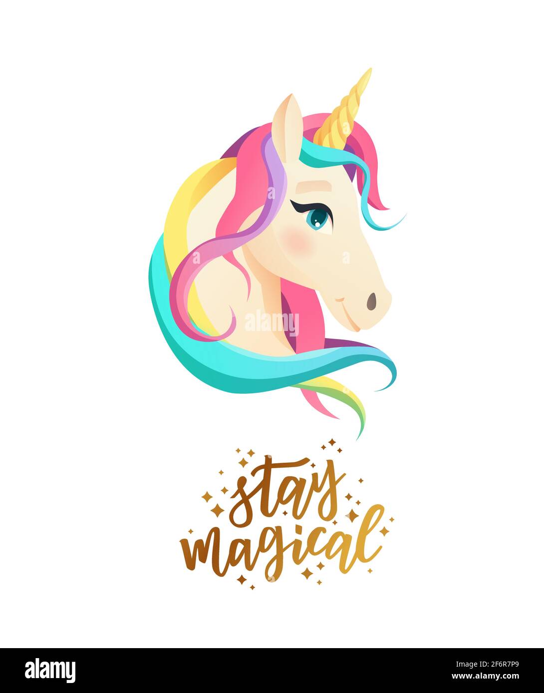 Le joli visage de licorne à la coupe plate et le texte à la main restent magiques. Illustration vectorielle de dessin animé. Illustration de Vecteur
