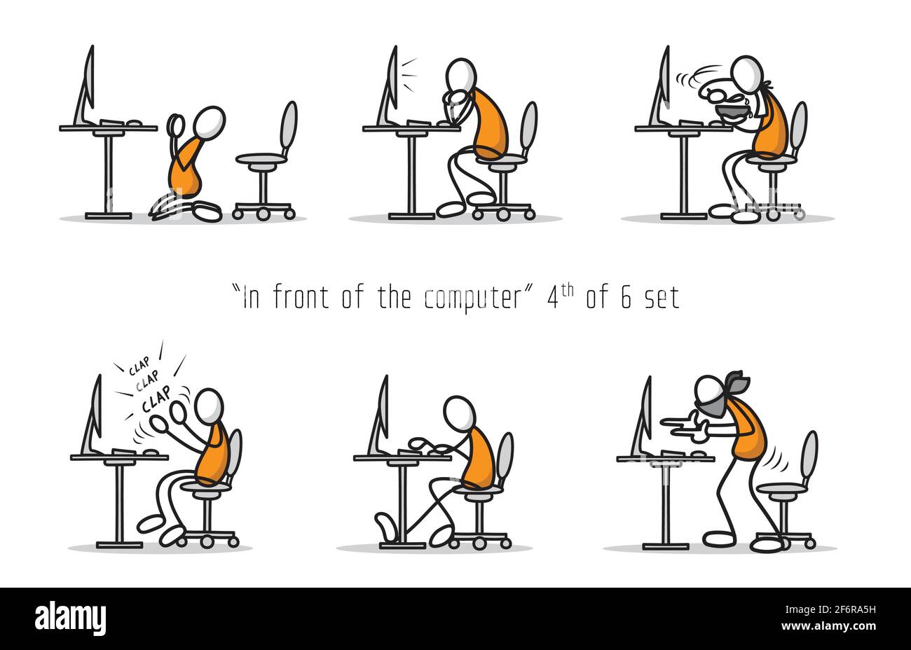 Scénario ensemble de l'humour caricature homme devant un ordinateur dans différentes attitudes et poses. Imprimer l'illustration. Illustration de Vecteur