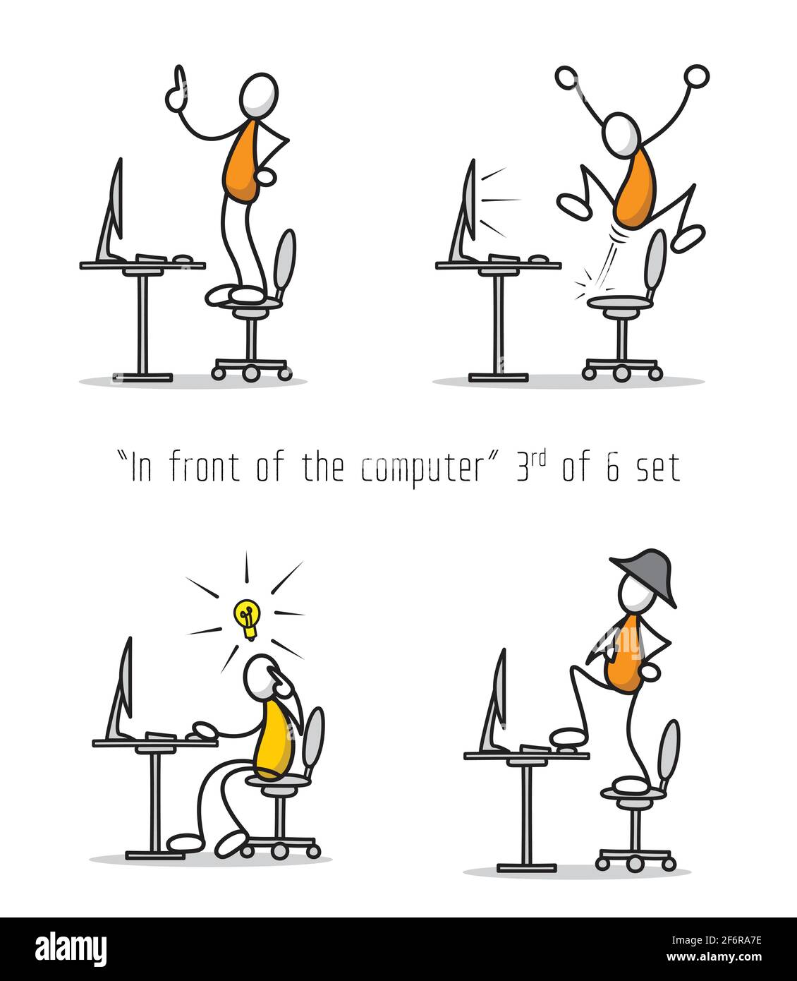 Scénario ensemble de l'humour caricature homme devant un ordinateur dans différentes attitudes et poses. Imprimer l'illustration. Illustration de Vecteur