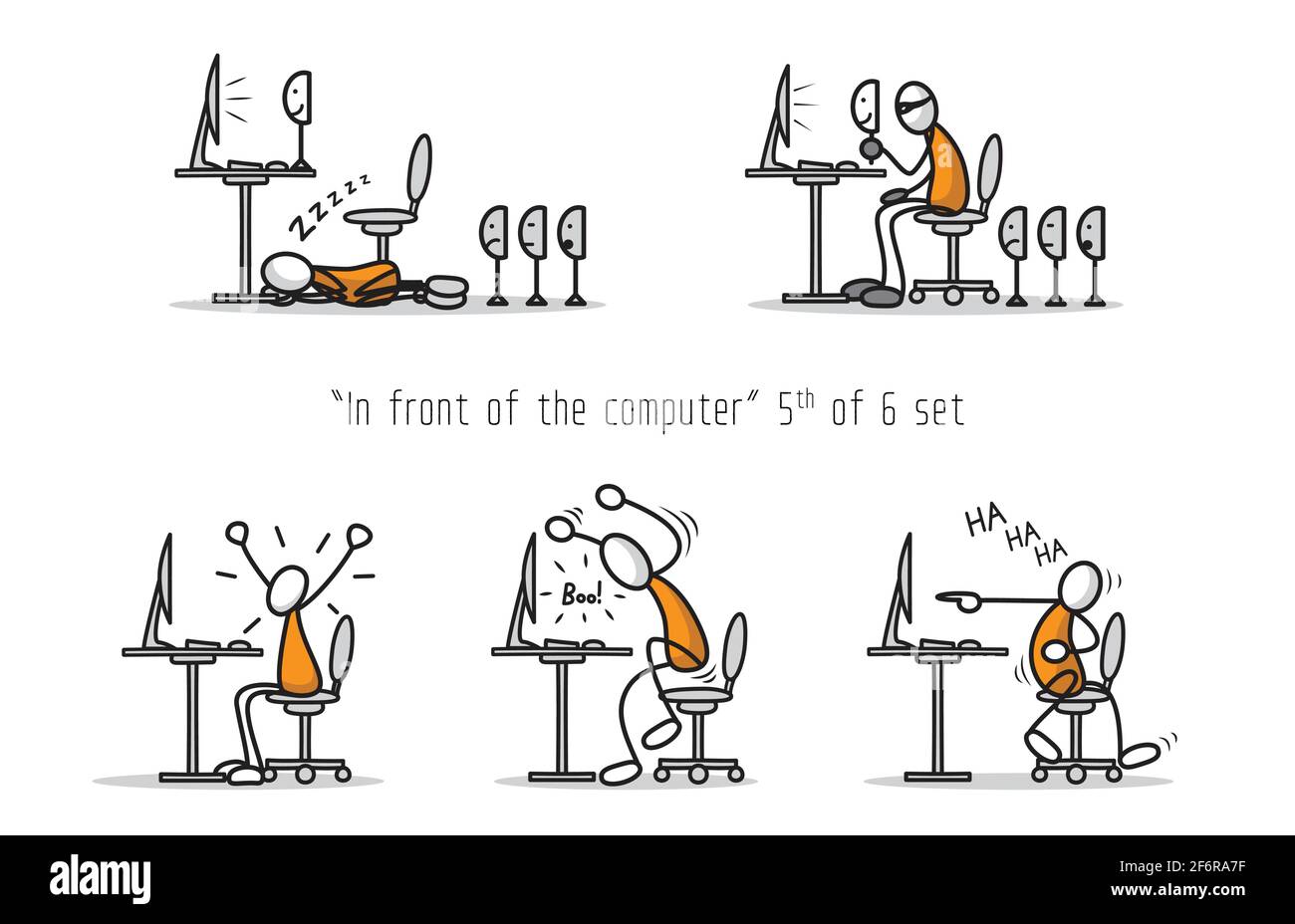 Scénario ensemble de l'humour caricature homme devant un ordinateur dans différentes attitudes et poses. Imprimer l'illustration. Illustration de Vecteur