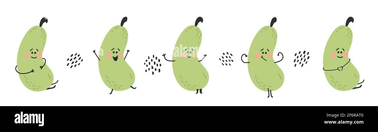 Ensemble de concombres verts. Émoticône mignon de légumes drôles dessinés à la main. Collecte d'aliments sains. Illustration vectorielle puéril sur fond blanc Illustration de Vecteur