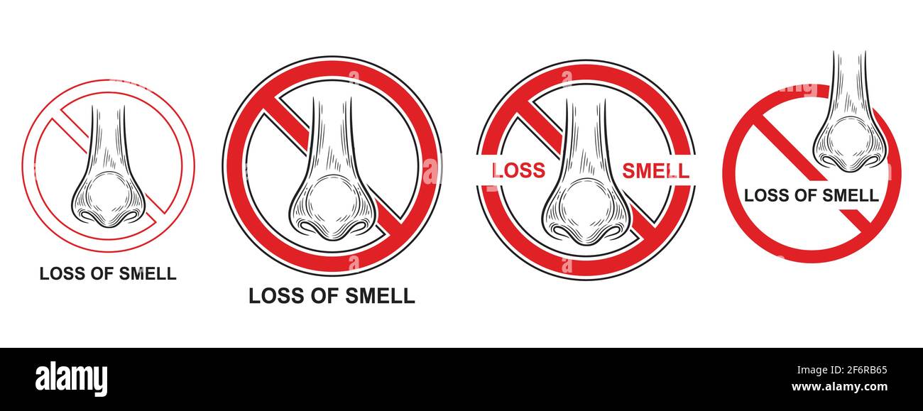Ensemble d'icônes de détection de perte d'odeur. Pas de sensation de capacité, écoulement nasal. Anosmie, virus corona ou symptôme de la maladie de la grippe. Difficulté à sentir le nez. Vecteur Illustration de Vecteur